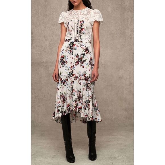 Marissa Webb Imani Floral Print Silk Lace Cutout Midi Dress White Size XS - Picture 1 of 7